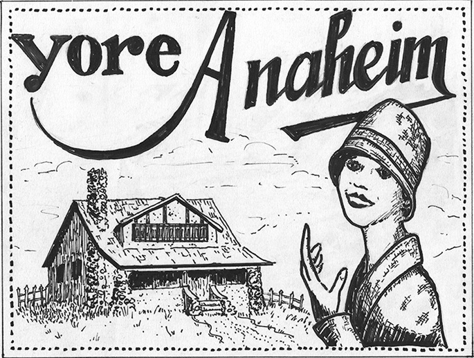Yore Anaheim — a 1920s woman gestures toward an Anaheim bungalow (illustration by Chris Maya)